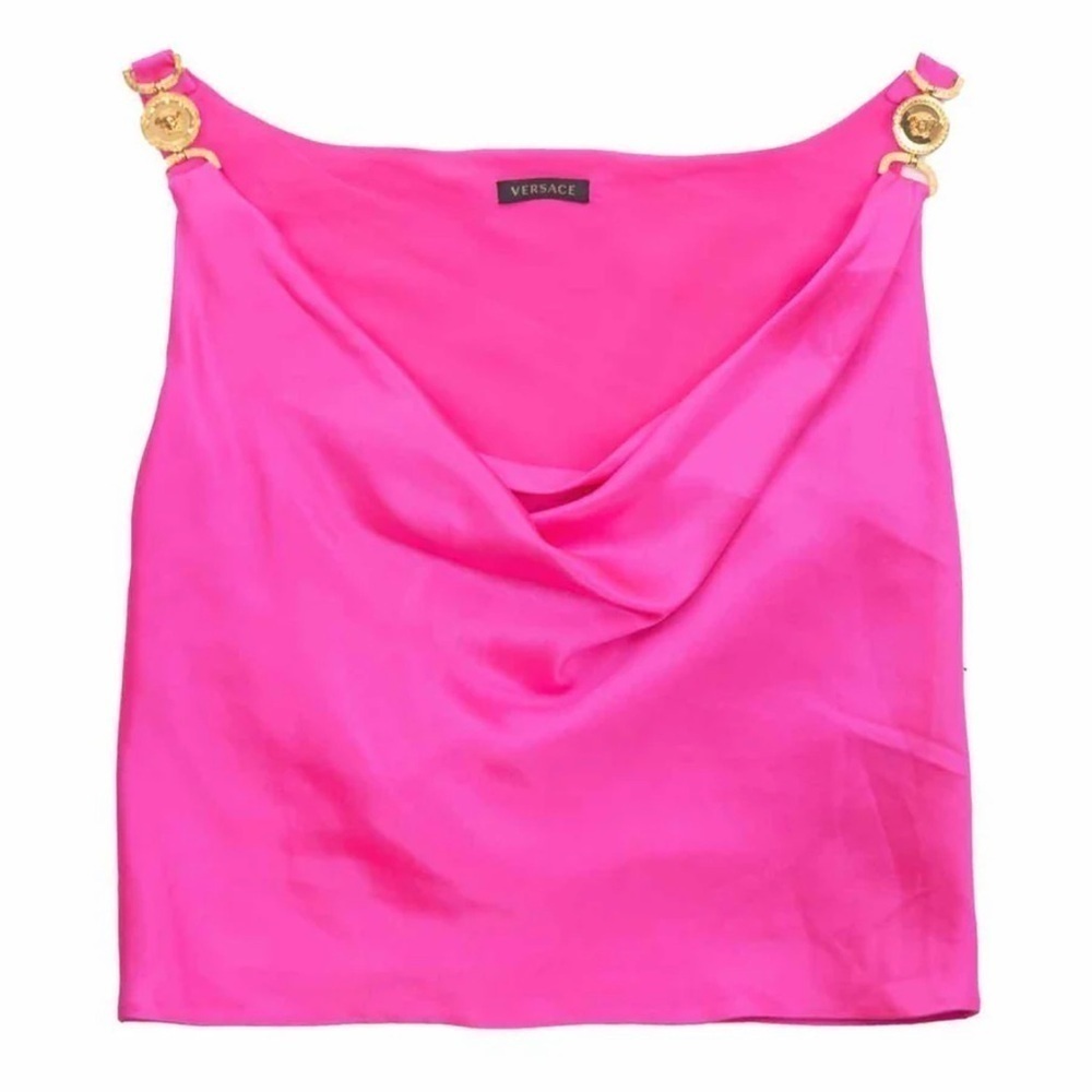 Versace Medusa cowl neck pink silk top with gold hardware